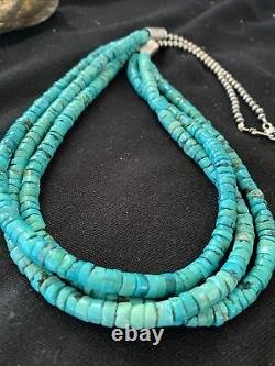 Native American Navajo Sterling Silver 3S 6mm TURQUOISE HEISHI Necklace 22 1039