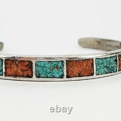 Native American Navajo Sterling Silver 925 Turquoise Coral Chip Inlay Bracelet