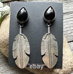 Native American Navajo Sterling Silver Black Onyx Feather Earrings. Ben Begay