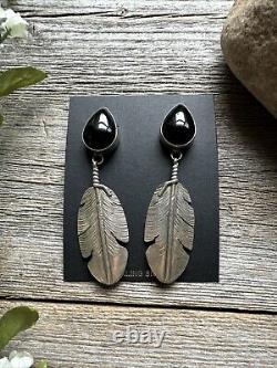 Native American Navajo Sterling Silver Black Onyx Feather Earrings. Ben Begay