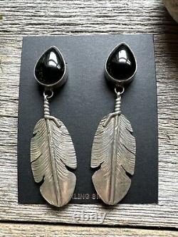 Native American Navajo Sterling Silver Black Onyx Feather Earrings. Ben Begay