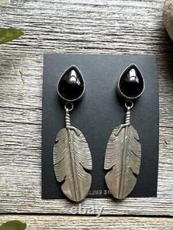 Native American Navajo Sterling Silver Black Onyx Feather Earrings. Ben Begay