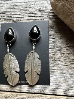 Native American Navajo Sterling Silver Black Onyx Feather Earrings. Ben Begay