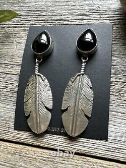 Native American Navajo Sterling Silver Black Onyx Feather Earrings. Ben Begay