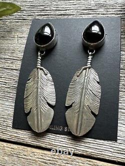 Native American Navajo Sterling Silver Black Onyx Feather Earrings. Ben Begay