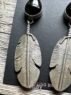 Native American Navajo Sterling Silver Black Onyx Feather Earrings. Ben Begay