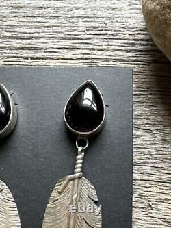 Native American Navajo Sterling Silver Black Onyx Feather Earrings. Ben Begay