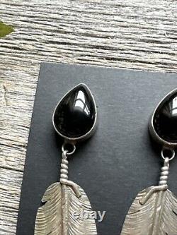 Native American Navajo Sterling Silver Black Onyx Feather Earrings. Ben Begay