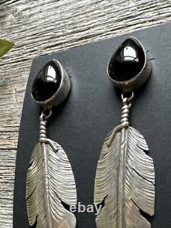 Native American Navajo Sterling Silver Black Onyx Feather Earrings. Ben Begay