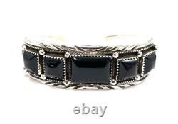 Native American Navajo Sterling Silver Black Onyx Leaf Silver / Cuff Bracelet