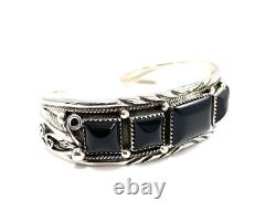 Native American Navajo Sterling Silver Black Onyx Leaf Silver / Cuff Bracelet