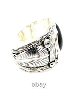 Native American Navajo Sterling Silver Black Onyx Leaf Silver / Cuff Bracelet