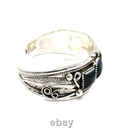 Native American Navajo Sterling Silver Black Onyx Leaf Silver / Cuff Bracelet