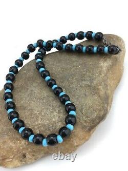 Native American Navajo Sterling Silver Black Onyx Turquoise Bead Necklace 4882