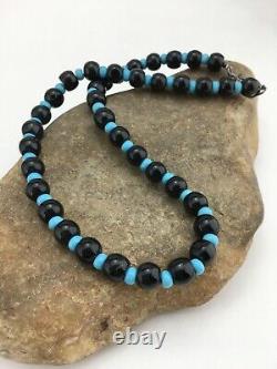 Native American Navajo Sterling Silver Black Onyx Turquoise Bead Necklace 4882