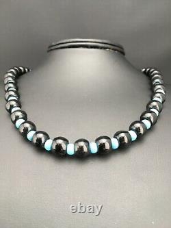 Native American Navajo Sterling Silver Black Onyx Turquoise Bead Necklace 4882