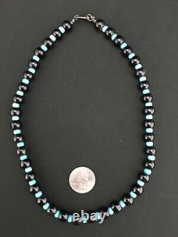 Native American Navajo Sterling Silver Black Onyx Turquoise Bead Necklace 4882