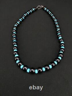 Native American Navajo Sterling Silver Black Onyx Turquoise Bead Necklace 4882