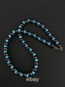 Native American Navajo Sterling Silver Black Onyx Turquoise Bead Necklace 4882