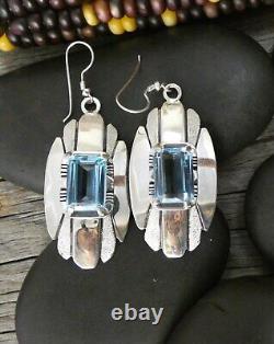 Native American Navajo Sterling Silver Blue Emerald Cut Topaz Dangle Earrings