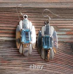 Native American Navajo Sterling Silver Blue Emerald Cut Topaz Dangle Earrings