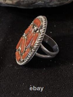 Native American Navajo Sterling Silver Cluster Orange Coral Ring Size 9 00509