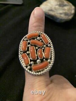 Native American Navajo Sterling Silver Cluster Orange Coral Ring Size 9 00509