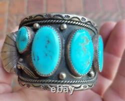 Native American Navajo Sterling Silver Cuff Bracelet with Turquoise & Watch Holder