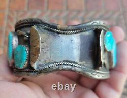 Native American Navajo Sterling Silver Cuff Bracelet with Turquoise & Watch Holder