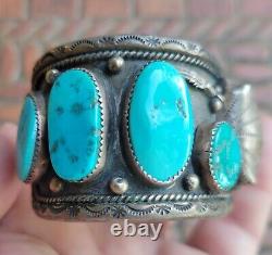 Native American Navajo Sterling Silver Cuff Bracelet with Turquoise & Watch Holder