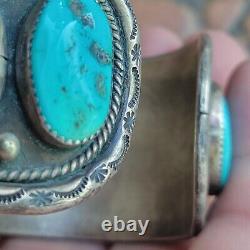 Native American Navajo Sterling Silver Cuff Bracelet with Turquoise & Watch Holder