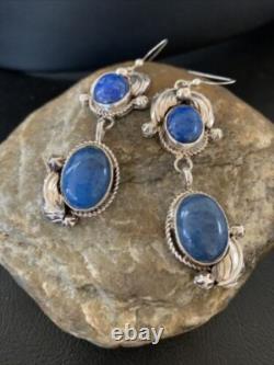 Native American Navajo Sterling Silver Dangle Denim Lapis Earrings 2 01866