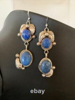 Native American Navajo Sterling Silver Dangle Denim Lapis Earrings 2 01866