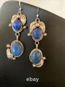 Native American Navajo Sterling Silver Dangle Denim Lapis Earrings 2 01866