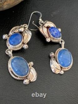 Native American Navajo Sterling Silver Dangle Denim Lapis Earrings 2 01866
