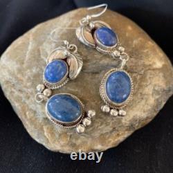 Native American Navajo Sterling Silver Denim Lapis Dangle Earrings 2 01682