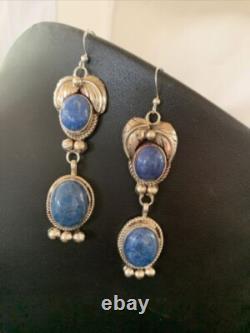 Native American Navajo Sterling Silver Denim Lapis Dangle Earrings 2 01682
