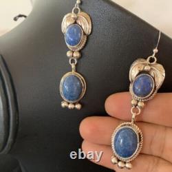 Native American Navajo Sterling Silver Denim Lapis Dangle Earrings 2 01682