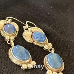 Native American Navajo Sterling Silver Denim Lapis Dangle Earrings 2 01682
