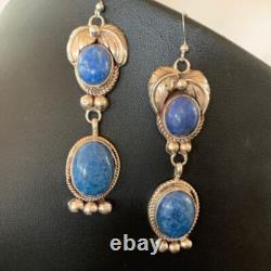 Native American Navajo Sterling Silver Denim Lapis Dangle Earrings 2 01682