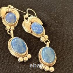 Native American Navajo Sterling Silver Denim Lapis Dangle Earrings 2 01682