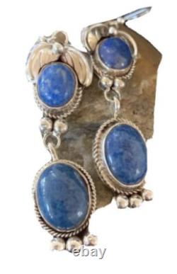 Native American Navajo Sterling Silver Denim Lapis Dangle Earrings 2 01682