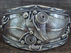 Native American Navajo Sterling Silver Feather Bracelet by D Morgan