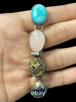 Native American Navajo Sterling Silver Gemstones Turquoise Coral Bracelet