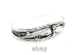 Native American Navajo Sterling Silver Handmade Leaf Silver / Cuff Bracelet