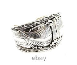 Native American Navajo Sterling Silver Handmade Leaf Silver / Cuff Bracelet