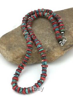Native American Navajo Sterling Silver Heishi Green Turquoise Coral Necklace 22