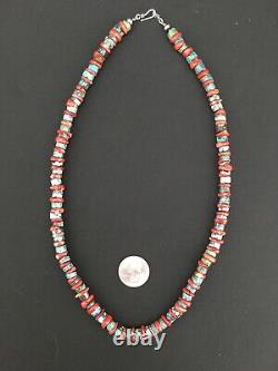 Native American Navajo Sterling Silver Heishi Green Turquoise Coral Necklace 22