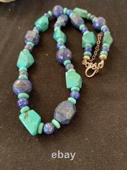 Native American Navajo Sterling Silver Lapis & Turquoise Necklace 21 00256