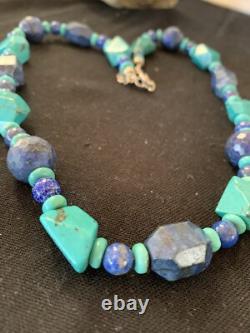 Native American Navajo Sterling Silver Lapis & Turquoise Necklace 21 00256